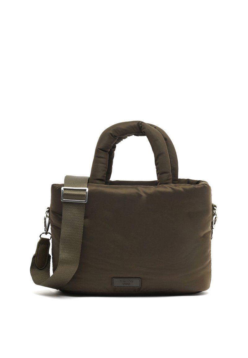 Olive green padded bag with dual handles and a detachable shoulder strap. Features a silver hardware clasp and a smooth, textured surface.