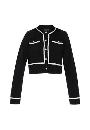 Fekete, lágy anyagú, cropped dzseki fehér díszítéssel, négy gombbal és két dekoratív zsebbel, gyöngyszerű akcentussal.