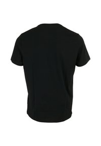 Schwarzes T-Shirt mit kurzen Ärmeln und Rundhalsausschnitt, aus glattem Baumwollstoff gefertigt. Schlichtes Design, keine Muster oder Verzierungen.
