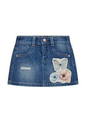 Gonna di jeans con tasche frontali, passanti per cintura, dettaglio usurato sul lato sinistro e toppe di una farfalla e due fiori sul lato destro.