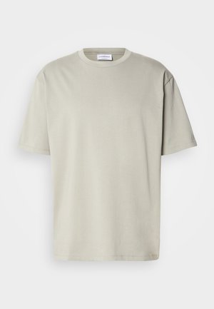 Hellgraues Baumwoll-T-Shirt mit Rundhalsausschnitt, kurzen Ärmeln und lässiger Schnittführung. Glatte Textur und einfaches Design, keine Muster oder Akzente.