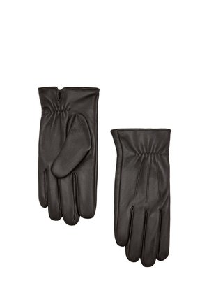 Paire de gants en cuir noir avec un détail élastique au poignet, l’un montrant la paume et l’autre le dos de la main.