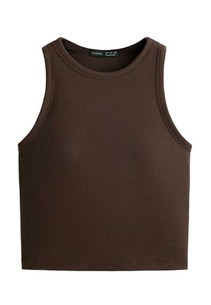 Crop top marron côtelé sans manches avec encolure ronde et étiquette de marque visible à l’intérieur du col.