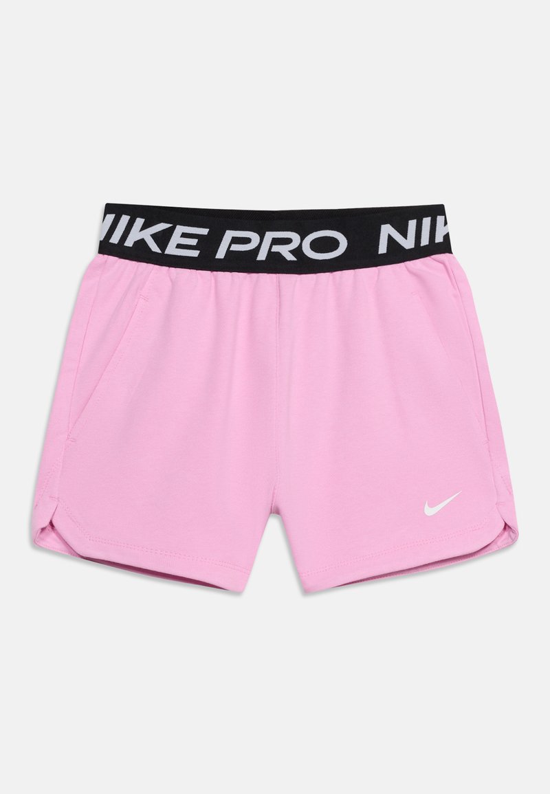 Ružové športové šortky s čiernym elastickým pásom potlačeným nápisom "NIKE PRO" v bielom a malým bielym logom Nike na ľavej nohe.
