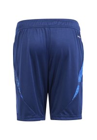 Navyblaue Sportshorts mit einer glatten Textur, die hellblaue seitliche Akzente in einem geometrischen Muster und einen elastischen Bund aufweisen.