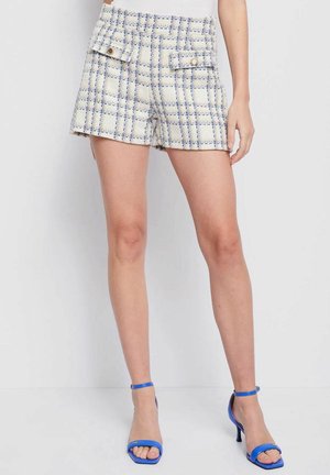 Tweed shorts met een wit en blauw ruitpatroon, voorzien van twee voorkruiszakken met knoopsluitingen en een aangesloten tailleband.