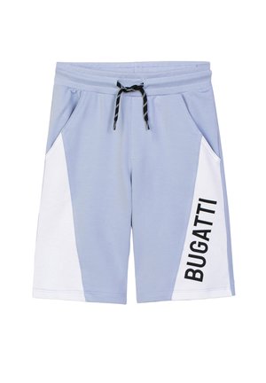 Pantaloncini azzurro chiaro e bianchi con coulisse nera e logo "BUGATTI" stampato verticalmente sul pannello bianco destro. Due tasche laterali.