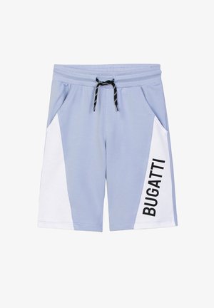 Pantaloncini azzurro chiaro e bianchi con coulisse nera e logo "BUGATTI" stampato verticalmente sul pannello bianco destro. Due tasche laterali.