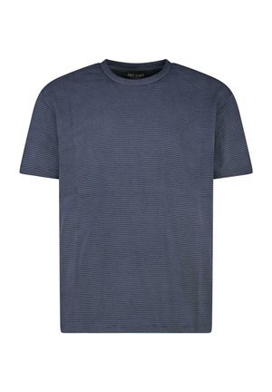 Marine gestreepte t-shirt met een ronde halslijn en korte mouwen. Gemaakt van zachte stof met dunne, contrasterende witte strepen door het geheel.