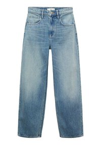 Lichtblauwe denim wijde jeans met een hoge taille, vijf zakken en een knoopsluiting. Verbleekte patroon naar de onderkant.
