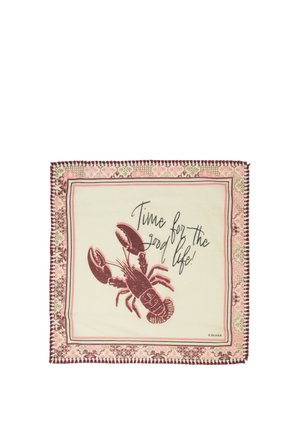Quadratisches Tuch mit Hummer-Illustration und dem Text „Zeit für das gute Leben!“ in bordeaux- und pinkfarbenen Tönen mit gemustertem Rand.