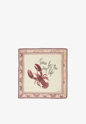 Quadratisches Tuch mit Hummer-Illustration und dem Text „Zeit für das gute Leben!“ in bordeaux- und pinkfarbenen Tönen mit gemustertem Rand.