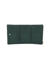 Portafoglio verde con esterno in tessuto testurizzato, svariati slot per carte, tasca con zip e chiusura a scatto. Dettagli in oro.