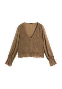 Braune Bluse mit langen Ärmeln und V-Ausschnitt, texturiertem Oberteil und gerüschtem Saum. Verfügt über geraffte Ärmel und verzierten Details.