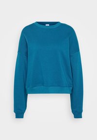 Sweatshirt corto turchese in un tessuto morbido, con scollatura rotonda, spalle abbassate e polsini a costine. Design semplice e casual.