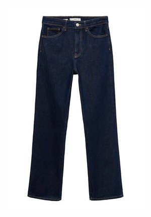 Tmavě modré džíny z denimu s vysokým pasem, rovnou nohavicí, pěti kapsami a kontrastním žlutým prošíváním podél švů.
