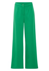 Pantalons verts taille haute et à jambes larges avec un bouton à l'avant et des détails de couture subtils sur fond blanc.