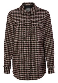 Schwarz und pink karierter Flanellhemd aus strukturiertem Stoff, mit Button-down-Kragen und langen Ärmeln mit verstellbaren Manschetten.