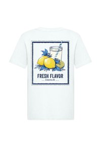 White t-shirt featuring a blue and yellow lemonade graphic. Design includes lemons, a glass jar, and the text "FRESH FLAVOR LEMONADE."