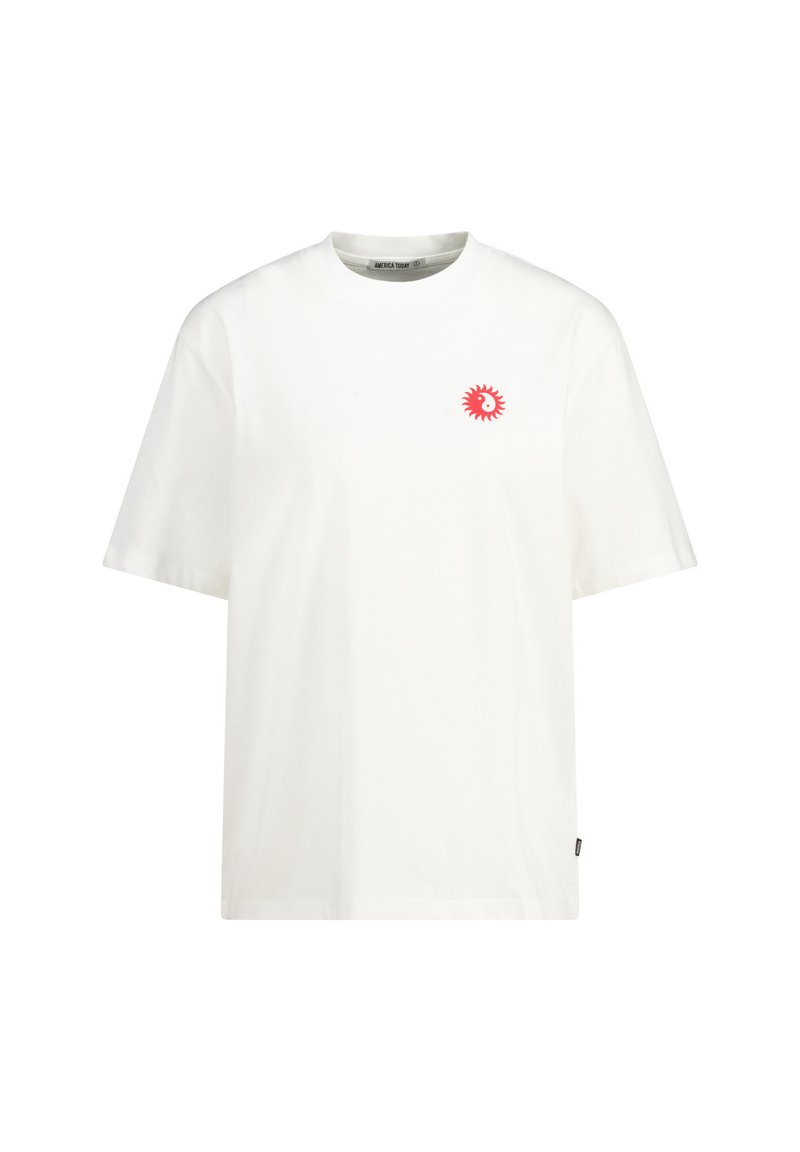 White cotton T-shirt with a round neckline and short sleeves; features a small red sun logo on the chest and a subtle side tag.