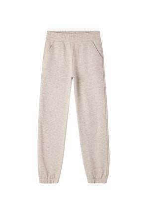 Pantaloni della tuta grigio chiaro realizzati in tessuto morbido, con vita elasticizzata, tasche laterali e polsini affusolati. Texture liscia, vestibilità rilassata.