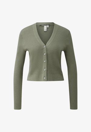 Groene geribbelde cardigan met lange mouwen, V-hals en zes knoopsluitingen. Heeft een cropped ontwerp en een lichte textuur.