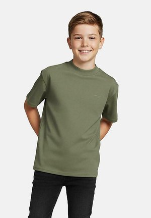 Olivgroen T-shirt met korte mouwen, een ronde hals en rechte pasvorm, gemaakt van zachte katoenen stof, met subtiel merklogo detail.
