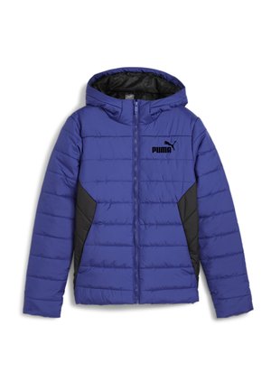 Polsterjacke mit Kapuze in Blau mit schwarzen Akzenten. Verfügt über einen durchgehenden Reißverschluss und horizontale Nähte. Logo auf der linken Brust gedruckt.