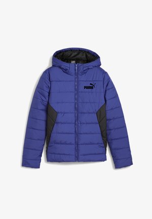 Polsterjacke mit Kapuze in Blau mit schwarzen Akzenten. Verfügt über einen durchgehenden Reißverschluss und horizontale Nähte. Logo auf der linken Brust gedruckt.