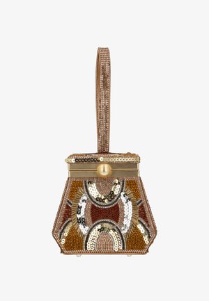 Facetteret palietpose med et geometrisk mønster, med guld-, bronze- og sølvtoner. Struktureret form, fremhævet med en lås.