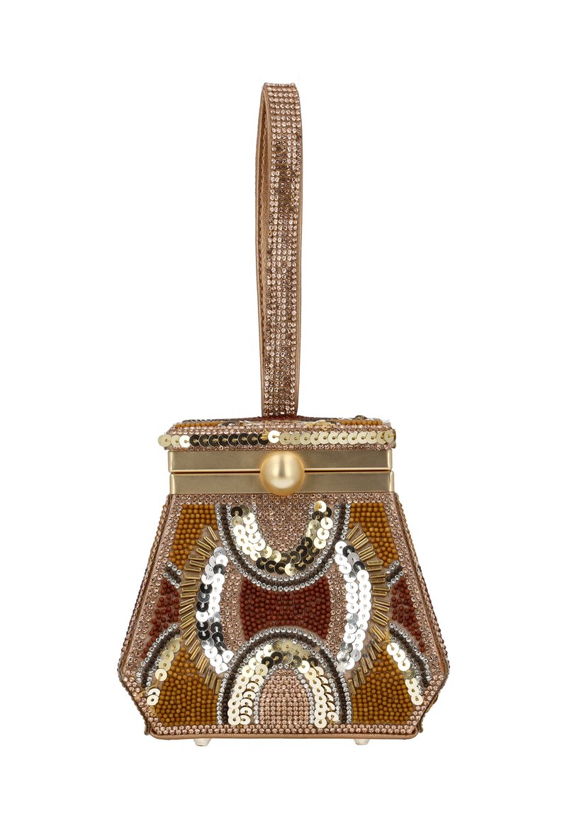 Sac à main à sequins facettés avec un design géométrique, présentant des tons dorés, bronze et argentés. Forme structurée, accentuée par un fermoir.