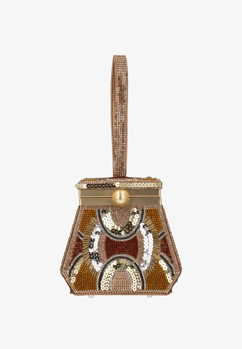 Facettierte Pailletten-Handtasche mit geometrischem Design in Gold-, Bronze- und Silbertönen. Strukturiertes Design, akzentuiert durch einen Verschluss.