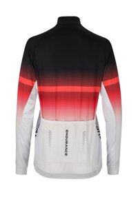 Cyklistický dres s dlouhým rukávem v černé, červené a bílé gradientní barvě. Má zadní kapsy, vertikální pruhy a hladkou, lehkou tkaninu.