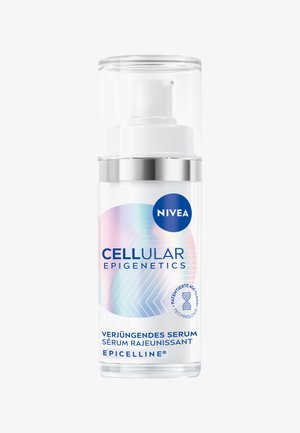 Nivea Cellular Epigenetics anti-aging serum bottle with pump dispenser, featuring holographic design and text in German and French.