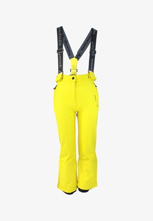 Pantalon de ski jaune avec bretelles grises réglables, poches latérales zippées et coupe droite. Le matériau semble durable et résistant aux intempéries.