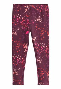Leggings aus dehnbarem Stoff, dunkelviolett mit mehrfarbigen Spritzmustern in Pink, Rot und Pfirsich. Elastischer Bund, enganliegende Passform.