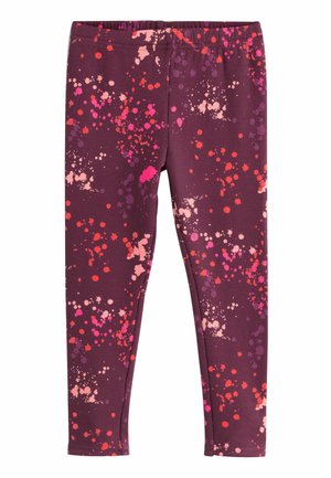 Leggings aus dehnbarem Stoff, dunkelviolett mit mehrfarbigen Spritzmustern in Pink, Rot und Pfirsich. Elastischer Bund, enganliegende Passform.