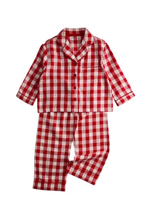 Rødt og hvidt ternet pyjamassæt med korte ærmer, lomme på skjorten og matchende bukser med små hjerte-mønstre.