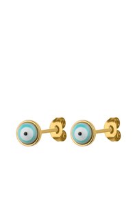 Goldene Ohrstecker mit einem türkisfarbenen Augendesign und schwarzem Zentrum, glatter Emaille-Oberfläche und kreisförmiger Form. Minimalistisches Hardware-Detail.