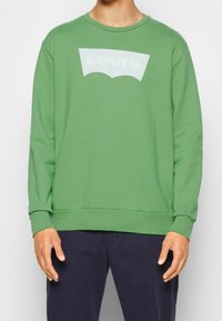 Homme portant un sweat-shirt Levi's à manches longues vert et un pantalon bleu marine foncé, se tenant devant un fond gris clair uni.