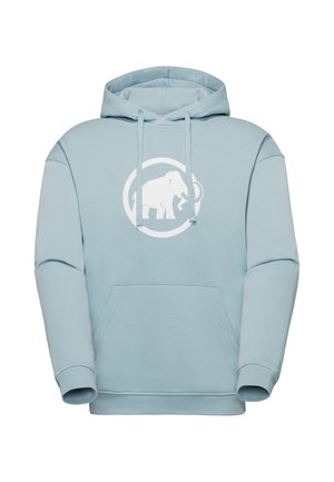 Felpa con cappuccio azzurro chiaro con tasca a marsupio frontale e logo bianco di mammut all'interno di un cerchio sul petto, con cappuccio regolabile con coulisse.
