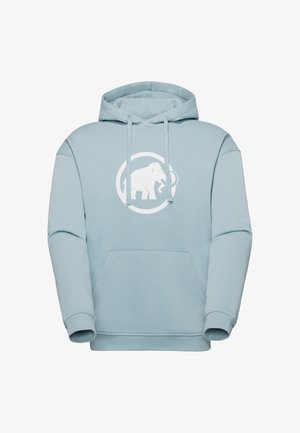 Felpa con cappuccio azzurro chiaro con tasca a marsupio frontale e logo bianco di mammut all'interno di un cerchio sul petto, con cappuccio regolabile con coulisse.