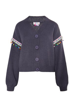 Dunkelgrauer, taillierter Cardigan mit V-Ausschnitt, der drei große Knöpfe, gerippte Bündchen und farbenfrohe gewebte Akzente an den Ärmeln aufweist.