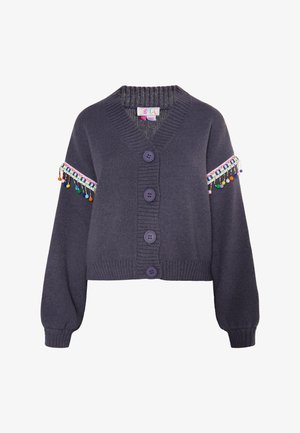 Dark gray cropped cardigan with a V-neck, featuring three large buttons, ribbed cuffs, and colorful woven accents on sleeves.