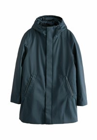 Jachetă impermeabilă de culoare verde închis, cu glugă, dotată cu buzunare laterale cu fermoar și croială dreaptă. Textură netedă și design minimalist.