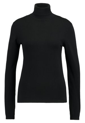 Črn pulover s turtleneck iz gladkega pletenega materiala. Ima dolge rokave in oprijet kroj, z rebrastim ovratnikom in robovi.