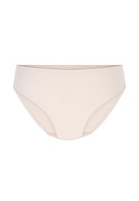Naadloze beige damesonderbroek, gladde stof met een middenhoogte snit op een effen witte achtergrond.