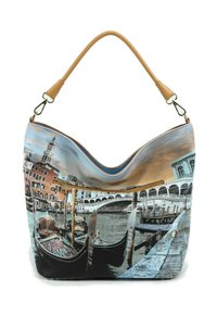 Borsa hobo con design del lungomare di Venezia e gondole. Realizzata in materiale sintetico texture, ha un manico marrone e dettagli decorativi.