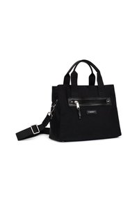 Borsa a tracolla nera con doppi manici, cintura regolabile, tasca frontale con zip e superficie in tessuto liscio. Forma geometrica semplice.