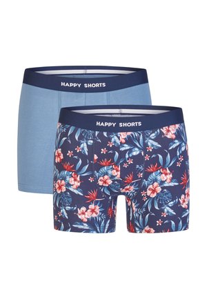 Zwei Paare Herren-Boxershorts: eines in einfarbigem Hellblau, das andere in Marineblau mit mehrfarbigem Blumenmuster. Beide haben einen Marineblauen Bund mit dem Aufdruck "HAPPY SHORTS".